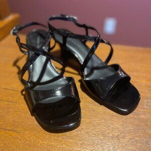 Etienne Aigner Strappy Black Patent Wedge Sandal